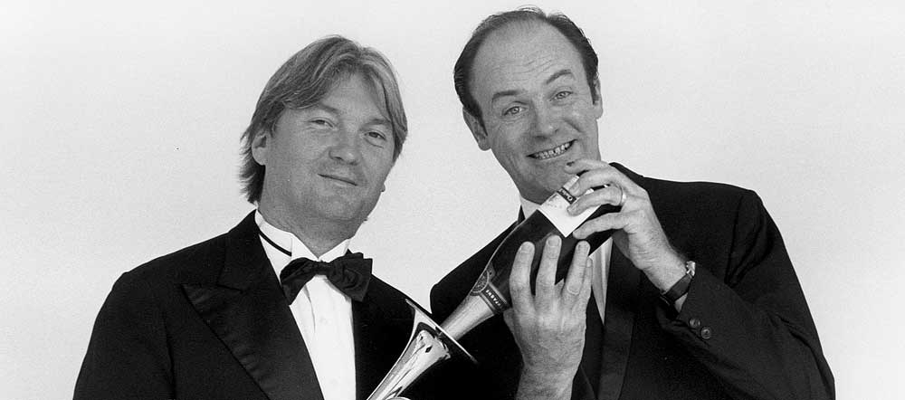 Eric Le Lann et Jacques Bonnaffé, pavillon de trompette et bouteille de champagne